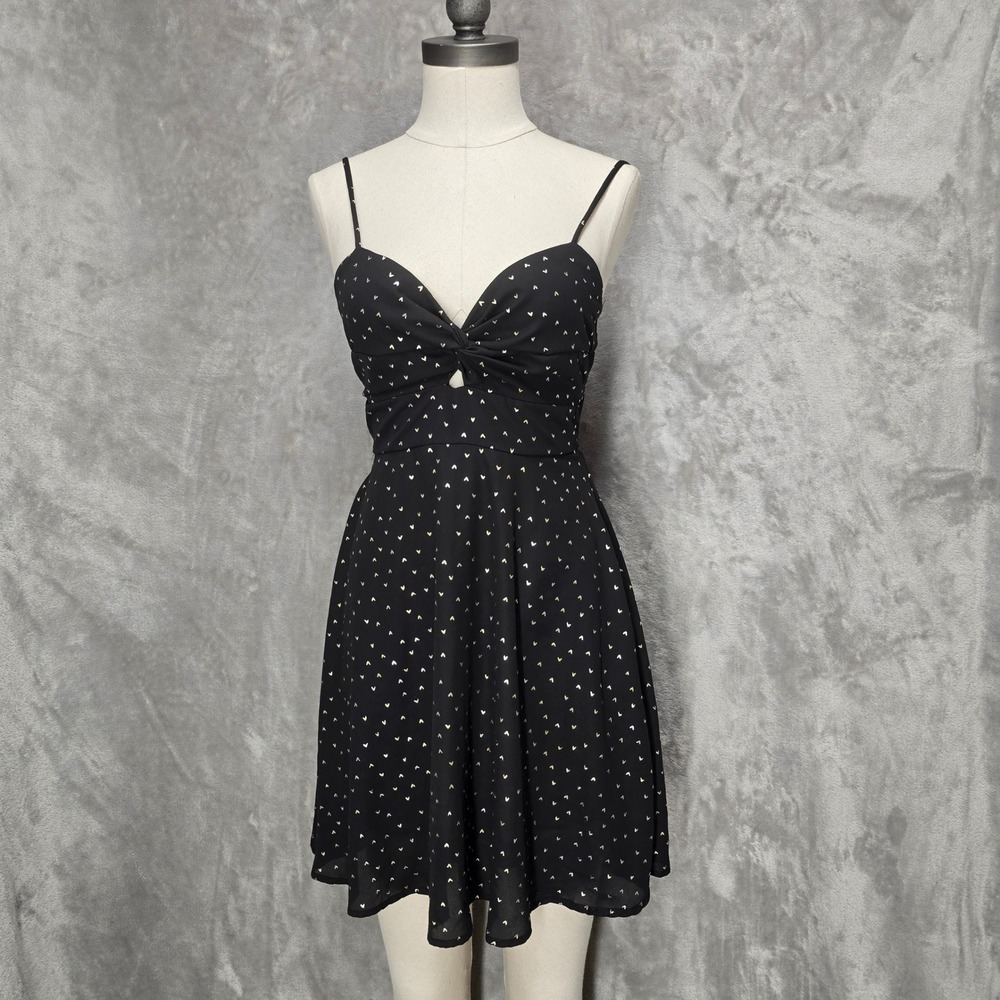 Papaya Black Gold Heart Keyhole Twist‎ Front Mini Dress Tie Back Y2K Flirt Sz S